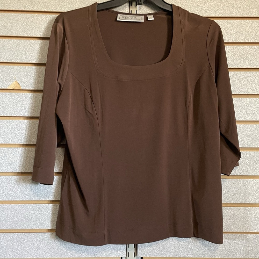 Simonton Says L 3/4 Sleeve Liquid Knit Top Blouse Shirt Square Neck Business Cas